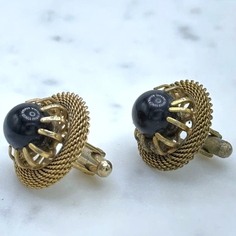 Men Vintage Gold Tone Mesh Contour Gray Inlay Round Bullet Back Cufflinks